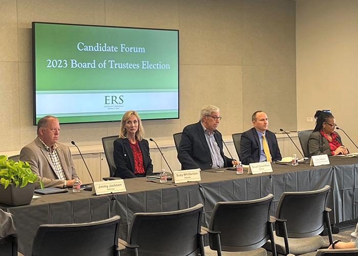 5 candidates sitting at table for the 2023 ERS Board of Trustee forum