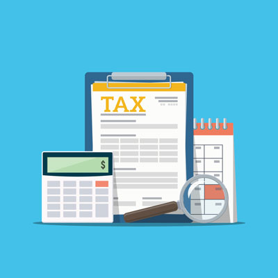 Illustration of tax documents, calendar, calculator and magnifying glass